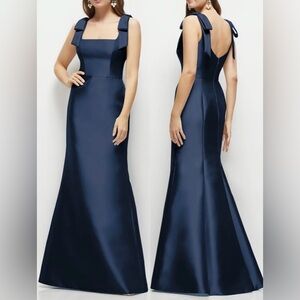 NEW Alfred Sung Bow Strap Satin Twill Trumpet MIDNIGHT NAVY Blue Gown sz 2